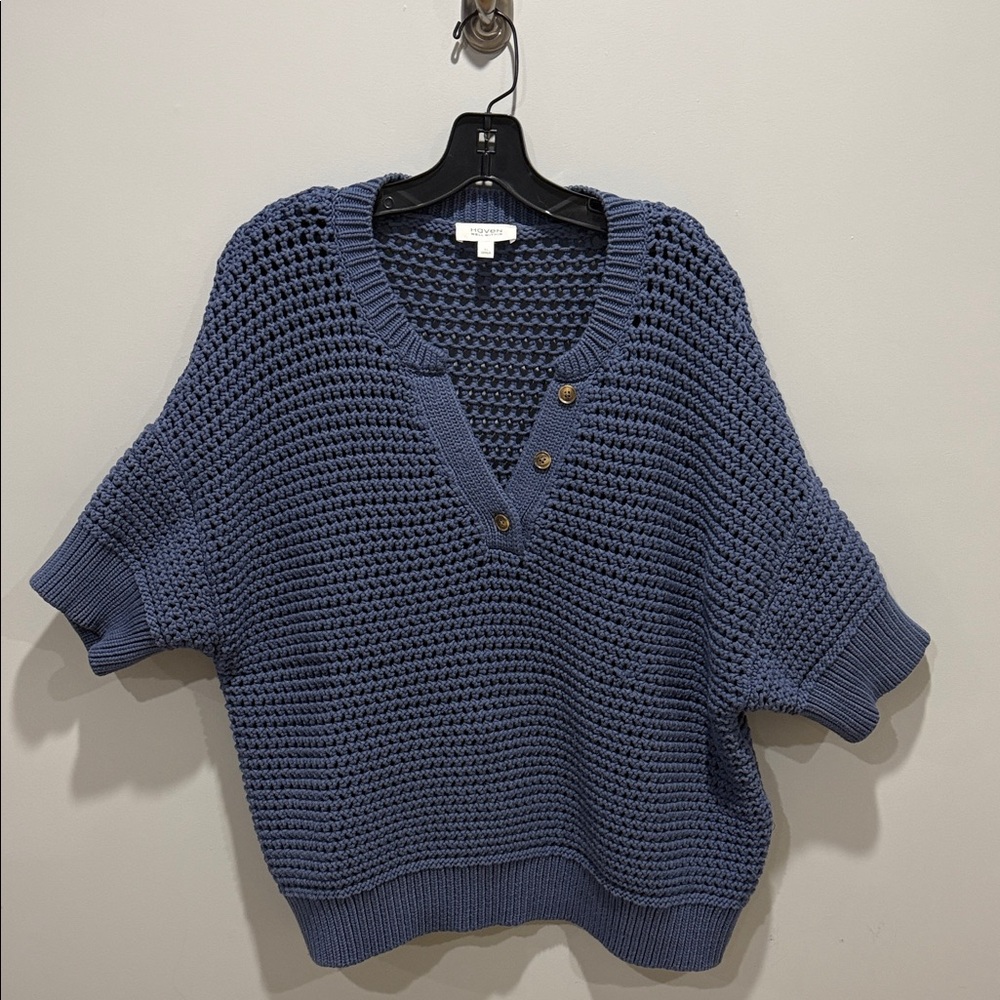 Crochet V-Neck Sweater in Dusty Blue — Lightweight Short-Sleeve Knit